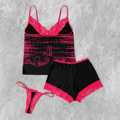 Wonder Skull Black Pink Skull Romantic Gothic Pajama Sleepwear Lace Set combines gothic charm with cozy confidence. The bold black-and-pink design pairs edgy skull graphics with delicate lace, blending sweetness with rebellion. Slip into this set for comfort and attitude—sleepwear that matches your fearless spirit.