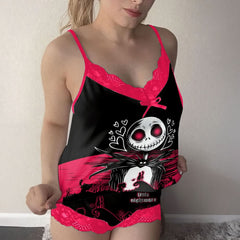 Wonder Skull Black Pink Skull Romantic Gothic Pajama Sleepwear Lace Set combines gothic charm with cozy confidence. The bold black-and-pink design pairs edgy skull graphics with delicate lace, blending sweetness with rebellion. Slip into this set for comfort and attitude—sleepwear that matches your fearless spirit.