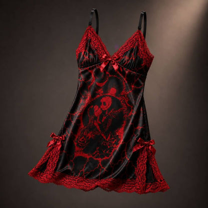 Experience better sleep with the Wonder Skull Chemise Nightgown. Its buttery-soft satin feels amazing, while red lace panels at the neckline, sides, and hem keep you cool all night. The adjustable straps and flowing A-line silhouette allow for a comfortable, non-restrictive fit. Bold red crackle skeleton artwork is balanced by sweet satin bows, adding a feminine touch. 