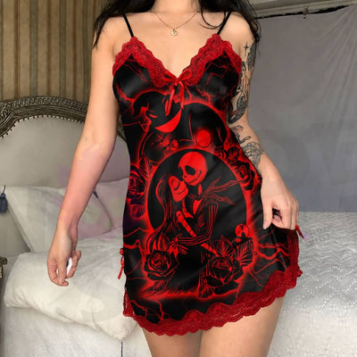 Experience better sleep with the Wonder Skull Chemise Nightgown. Its buttery-soft satin feels amazing, while red lace panels at the neckline, sides, and hem keep you cool all night. The adjustable straps and flowing A-line silhouette allow for a comfortable, non-restrictive fit. Bold red crackle skeleton artwork is balanced by sweet satin bows, adding a feminine touch. 