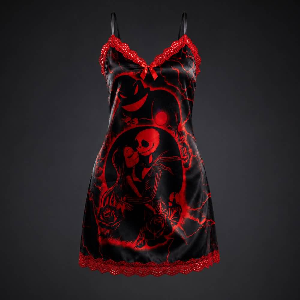 Experience better sleep with the Wonder Skull Chemise Nightgown. Its buttery-soft satin feels amazing, while red lace panels at the neckline, sides, and hem keep you cool all night. The adjustable straps and flowing A-line silhouette allow for a comfortable, non-restrictive fit. Bold red crackle skeleton artwork is balanced by sweet satin bows, adding a feminine touch. 