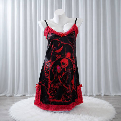 Experience better sleep with the Wonder Skull Chemise Nightgown. Its buttery-soft satin feels amazing, while red lace panels at the neckline, sides, and hem keep you cool all night. The adjustable straps and flowing A-line silhouette allow for a comfortable, non-restrictive fit. Bold red crackle skeleton artwork is balanced by sweet satin bows, adding a feminine touch. 