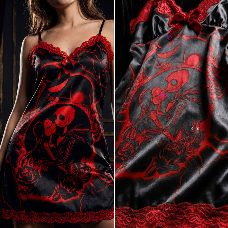 Experience better sleep with the Wonder Skull Chemise Nightgown. Its buttery-soft satin feels amazing, while red lace panels at the neckline, sides, and hem keep you cool all night. The adjustable straps and flowing A-line silhouette allow for a comfortable, non-restrictive fit. Bold red crackle skeleton artwork is balanced by sweet satin bows, adding a feminine touch. 
