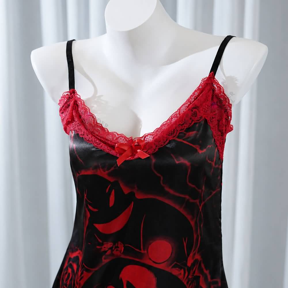 Experience better sleep with the Wonder Skull Chemise Nightgown. Its buttery-soft satin feels amazing, while red lace panels at the neckline, sides, and hem keep you cool all night. The adjustable straps and flowing A-line silhouette allow for a comfortable, non-restrictive fit. Bold red crackle skeleton artwork is balanced by sweet satin bows, adding a feminine touch. 