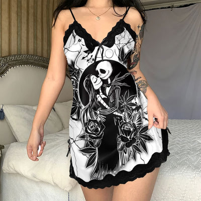 Wonder Skull Black Rose Gothic Lace Nightgown Babydoll Sleepwear Set combines elegance and mystery, featuring lace trim, a striking lovers' embrace print, and a seductive black-and-white palette. Made from lightweight satin, it offers comfort and style, perfect for romantic nights or making a bold statement at home.