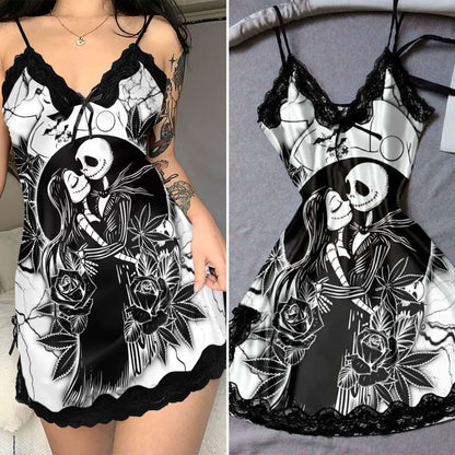 Wonder Skull Black Rose Gothic Lace Nightgown Babydoll Sleepwear Set combines elegance and mystery, featuring lace trim, a striking lovers' embrace print, and a seductive black-and-white palette. Made from lightweight satin, it offers comfort and style, perfect for romantic nights or making a bold statement at home.