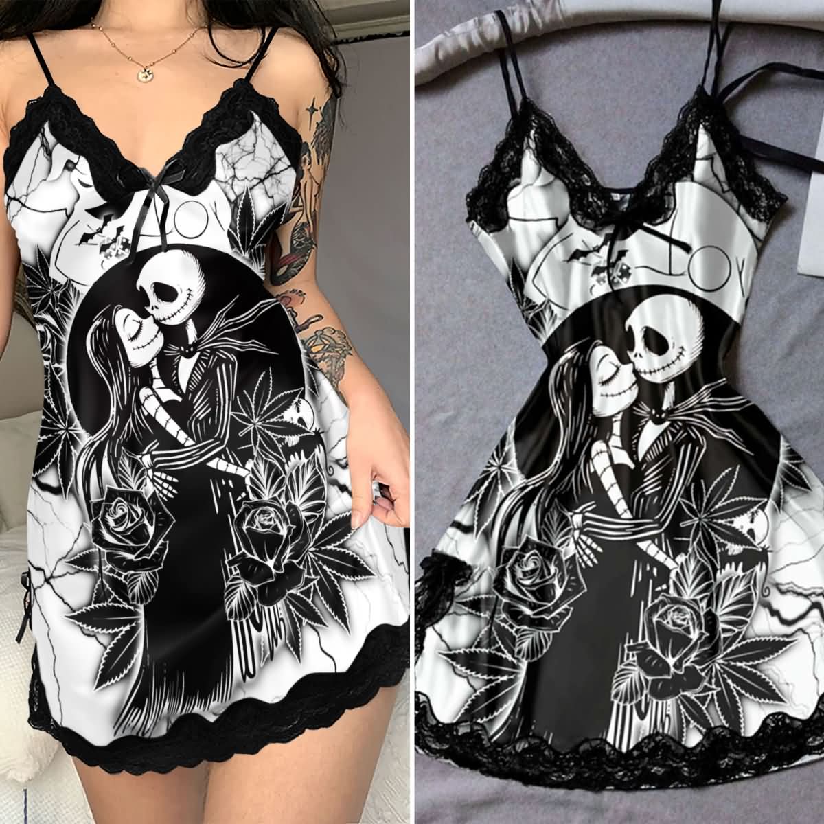 Wonder Skull Black Rose Gothic Lace Nightgown Babydoll Sleepwear Set combines elegance and mystery, featuring lace trim, a striking lovers' embrace print, and a seductive black-and-white palette. Made from lightweight satin, it offers comfort and style, perfect for romantic nights or making a bold statement at home.