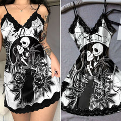 Wonder Skull Black Rose Gothic Lace Nightgown Babydoll Sleepwear Set combines elegance and mystery, featuring lace trim, a striking lovers' embrace print, and a seductive black-and-white palette. Made from lightweight satin, it offers comfort and style, perfect for romantic nights or making a bold statement at home.