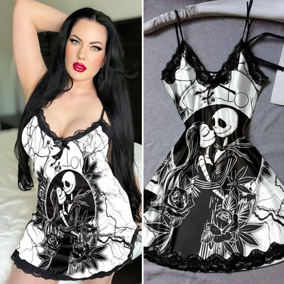 Wonder Skull Black Rose Gothic Lace Nightgown Babydoll Sleepwear Set combines elegance and mystery, featuring lace trim, a striking lovers' embrace print, and a seductive black-and-white palette. Made from lightweight satin, it offers comfort and style, perfect for romantic nights or making a bold statement at home.