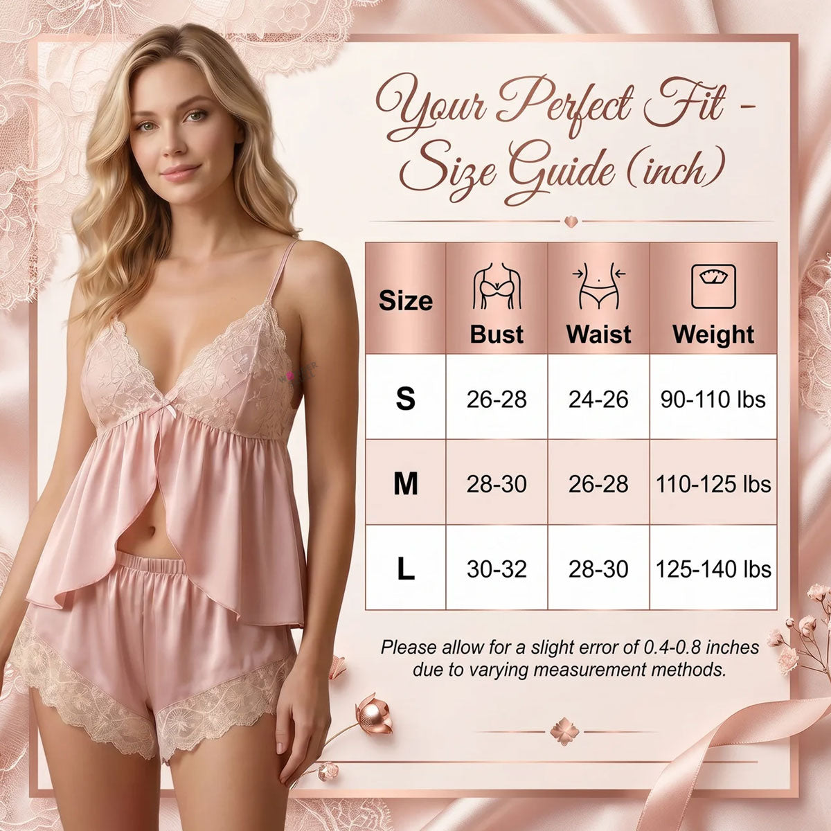 Wonder Skull blush pink satin babydoll set is made from buttery-smooth chiffon, making bedtime feel special. The delicate cream lace adds a romantic, non-scratchy touch. Its split-front design offers cool airflow and a beautiful drape, while adjustable straps and a tie-back closure ensure a custom fit. The set includes matching shorts with floral lace trim for a complete look. Whether sleeping or lounging, this set combines femininity and comfort.