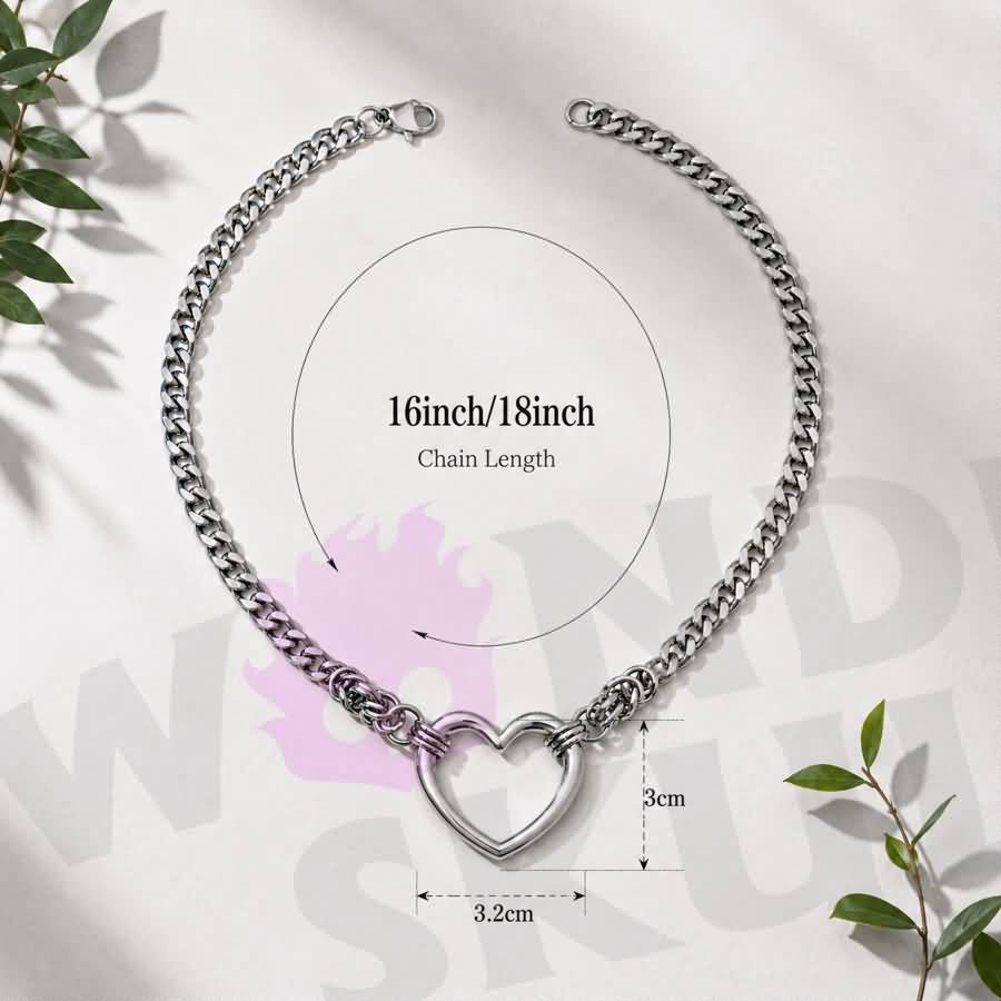 Wonder Skull Chunky Cuban Heart Day Chain features a bold stainless steel Cuban chain with a 3.2 × 3 cm open-heart centerpiece. Available in 16" or 18" lengths, it's tarnish- and rust-resistant for a lasting polished look. A lobster clasp finish blends statement style with the subtle symbolism of a D/s connection. Wear the bond. Let them wonder.