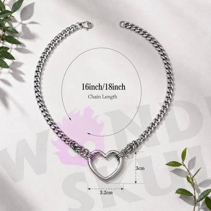 Wonder Skull Chunky Cuban Heart Day Chain features a bold stainless steel Cuban chain with a 3.2 × 3 cm open-heart centerpiece. Available in 16" or 18" lengths, it's tarnish- and rust-resistant for a lasting polished look. A lobster clasp finish blends statement style with the subtle symbolism of a D/s connection. Wear the bond. Let them wonder.