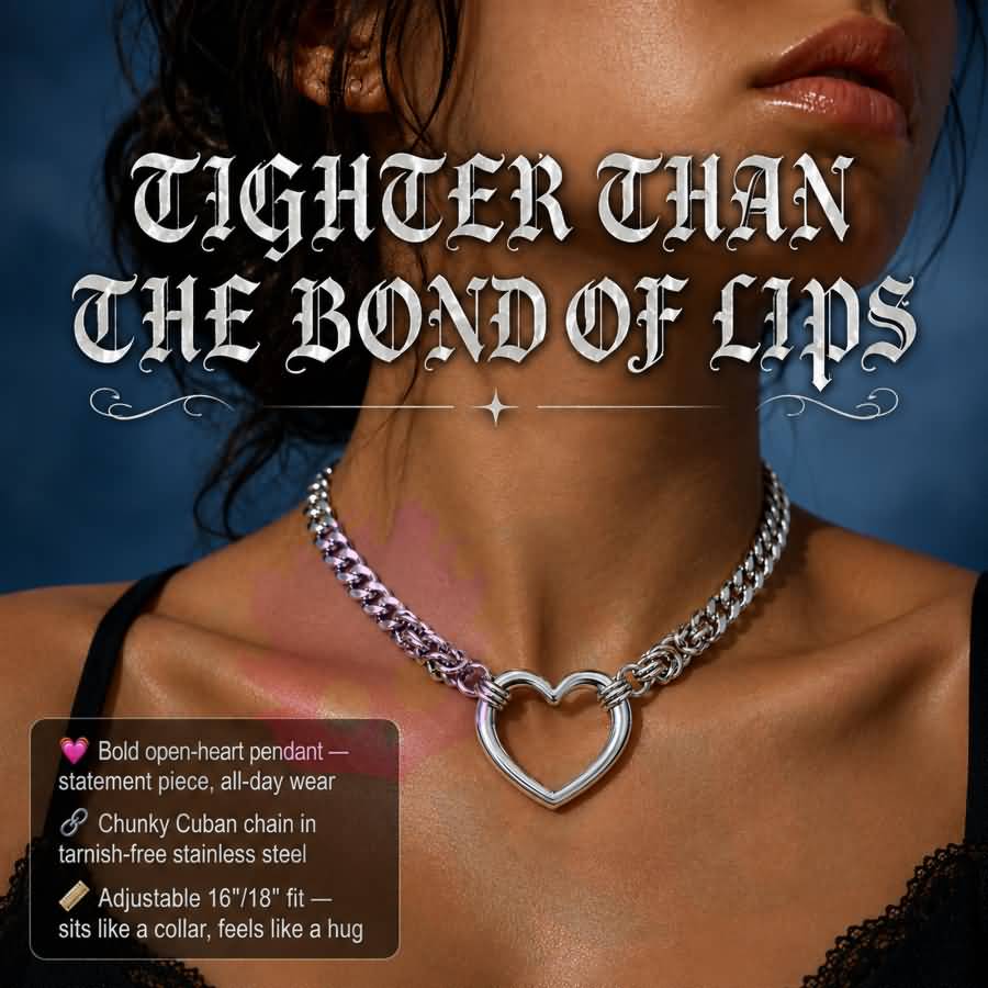 Wonder Skull Chunky Cuban Heart Day Chain features a bold stainless steel Cuban chain with a 3.2 × 3 cm open-heart centerpiece. Available in 16" or 18" lengths, it's tarnish- and rust-resistant for a lasting polished look. A lobster clasp finish blends statement style with the subtle symbolism of a D/s connection. Wear the bond. Let them wonder.