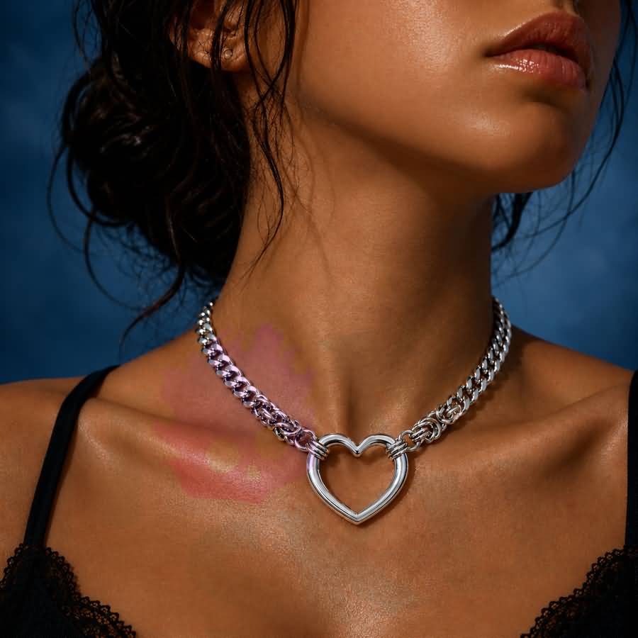 Wonder Skull Chunky Cuban Heart Day Chain features a bold stainless steel Cuban chain with a 3.2 × 3 cm open-heart centerpiece. Available in 16" or 18" lengths, it's tarnish- and rust-resistant for a lasting polished look. A lobster clasp finish blends statement style with the subtle symbolism of a D/s connection. Wear the bond. Let them wonder.