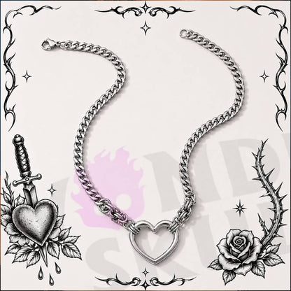 Wonder Skull Chunky Cuban Heart Day Chain features a bold stainless steel Cuban chain with a 3.2 × 3 cm open-heart centerpiece. Available in 16" or 18" lengths, it's tarnish- and rust-resistant for a lasting polished look. A lobster clasp finish blends statement style with the subtle symbolism of a D/s connection. Wear the bond. Let them wonder.