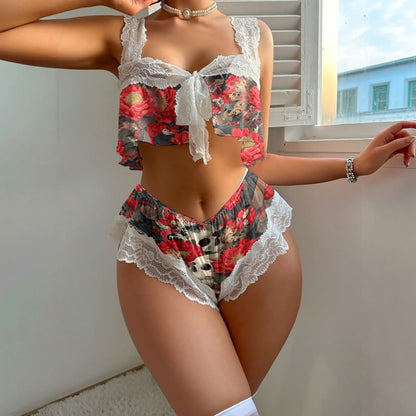 Crimson Bloom Skull Lace Lingerie Comfort Sleepwear Pajama Set