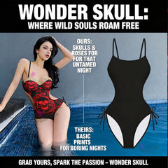 Wonder Skull Cut Out Bikini Red Skull One Pice Swimsuit features a striking red skull and rose design with lightning details, accented by subtle gold crystals for added style. Its tummy control fit and adjustable straps offer comfort and confidence, while the high-quality stretch fabric ensures durability and flexibility. Perfect for days by the water or relaxing with loved ones, this swimsuit combines individuality, comfort, and support.