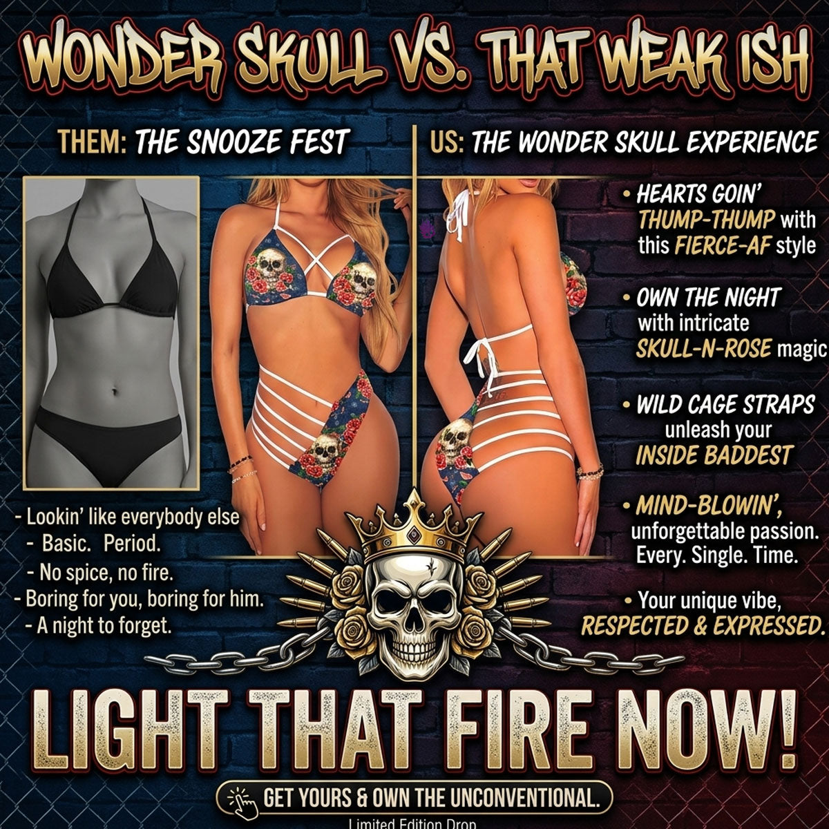 Wonder Skull Women's Bikini combines comfort, style, and confidence with its cheeky skull flower design, quick-drying fabric, and adjustable straps for a perfect fit. Featuring a flattering high-waisted bottom and playful skull print, it’s the ideal swimwear for standing out this summer.