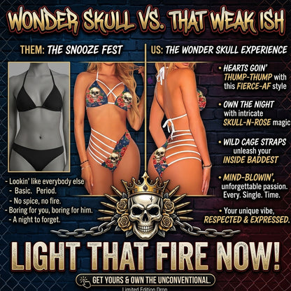 Wonder Skull Women's Bikini combines comfort, style, and confidence with its cheeky skull flower design, quick-drying fabric, and adjustable straps for a perfect fit. Featuring a flattering high-waisted bottom and playful skull print, it’s the ideal swimwear for standing out this summer.