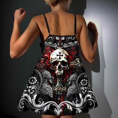 The Wonder Skull Dark Bloom Temptation Babydoll is a gothic lingerie set that blends edgy skull designs with romantic red floral accents and pastel lace. Featuring an adjustable tie-front top and flowy skirt, it offers comfort and bold style for anyone seeking sexy, gothic-inspired sleepwear.
