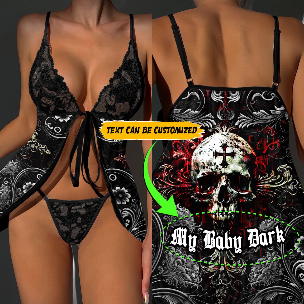 The Wonder Skull Dark Bloom Temptation Babydoll is a gothic lingerie set that blends edgy skull designs with romantic red floral accents and pastel lace. Featuring an adjustable tie-front top and flowy skirt, it offers comfort and bold style for anyone seeking sexy, gothic-inspired sleepwear.