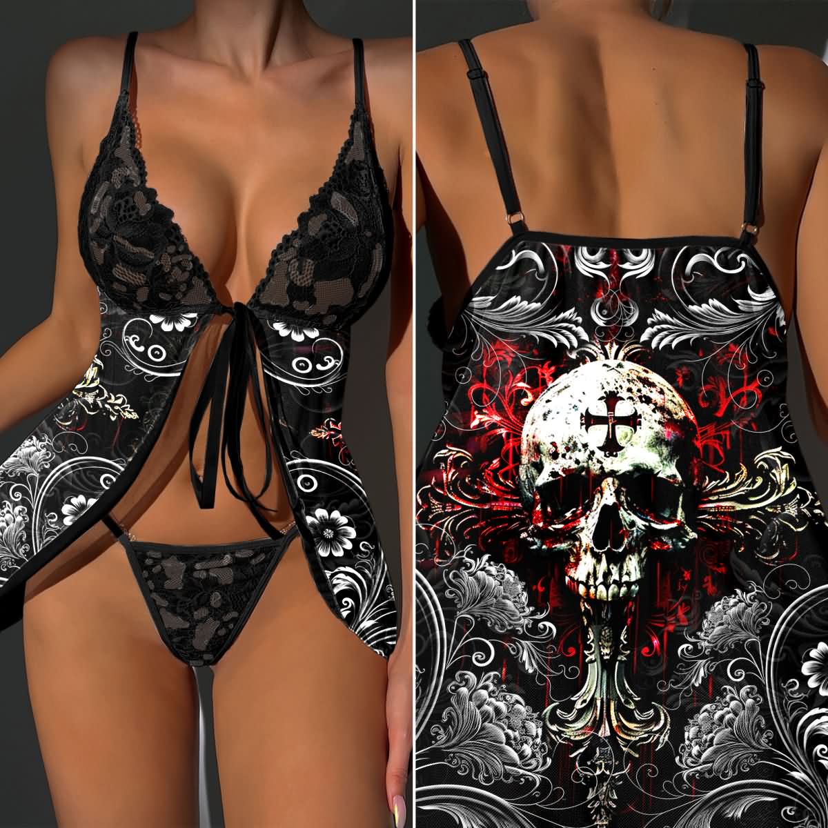 The Wonder Skull Dark Bloom Temptation Babydoll is a gothic lingerie set that blends edgy skull designs with romantic red floral accents and pastel lace. Featuring an adjustable tie-front top and flowy skirt, it offers comfort and bold style for anyone seeking sexy, gothic-inspired sleepwear.