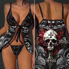 The Wonder Skull Dark Bloom Temptation Babydoll is a gothic lingerie set that blends edgy skull designs with romantic red floral accents and pastel lace. Featuring an adjustable tie-front top and flowy skirt, it offers comfort and bold style for anyone seeking sexy, gothic-inspired sleepwear.