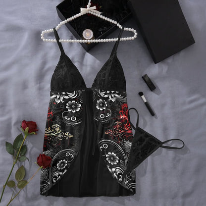 The Wonder Skull Dark Bloom Temptation Babydoll is a gothic lingerie set that blends edgy skull designs with romantic red floral accents and pastel lace. Featuring an adjustable tie-front top and flowy skirt, it offers comfort and bold style for anyone seeking sexy, gothic-inspired sleepwear.