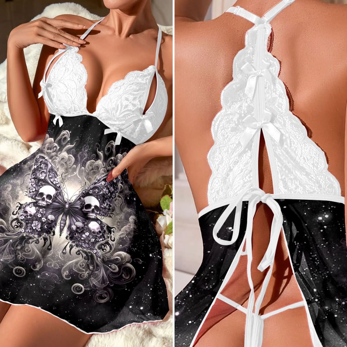 Wonder Skull Dark Desire Lace Nightgown blends beauty and edge, featuring soft lace, sculpting ties, and a bold design. It’s crafted to make you feel confident, sexy, and powerful, whether for yourself or unseen by anyone but the mirror.