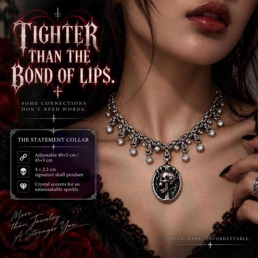 A gothic day collar featuring a silver-tone chain, cracked black-and-silver skull centerpiece, and clear faceted accents. Available in two lengths with a 1.97-inch extension and secured with a lobster clasp.