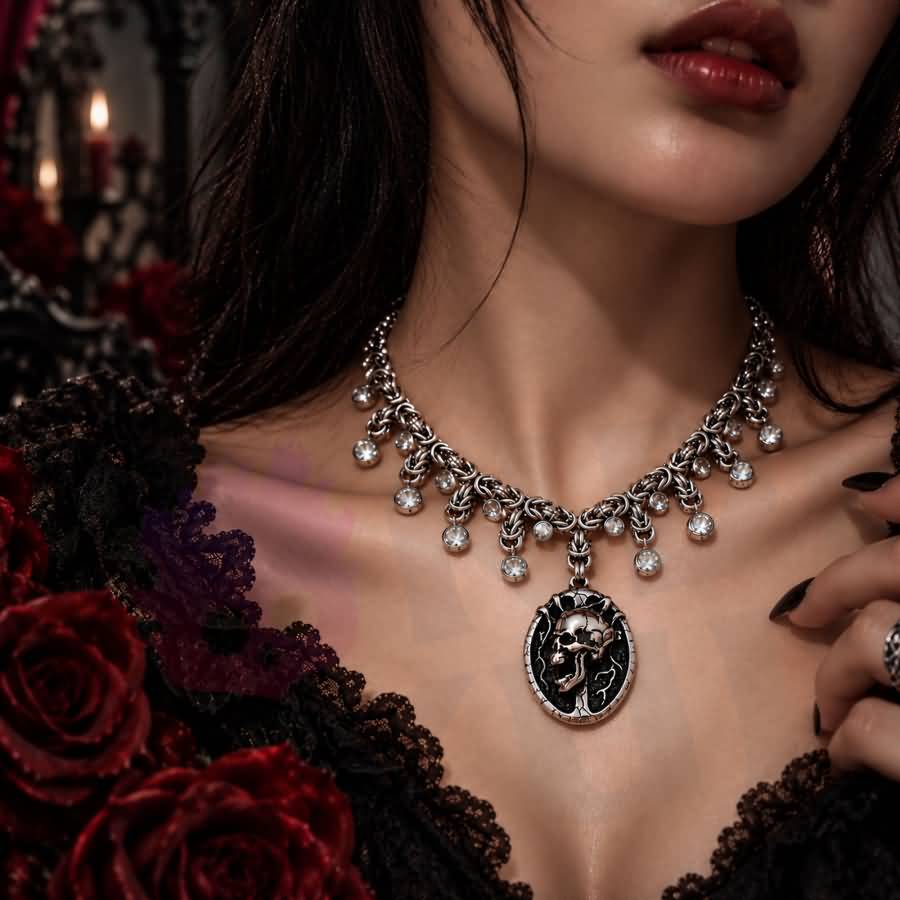A gothic day collar featuring a silver-tone chain, cracked black-and-silver skull centerpiece, and clear faceted accents. Available in two lengths with a 1.97-inch extension and secured with a lobster clasp.