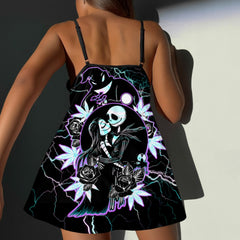 Wonder Skull Electric Love Gothic Lace Nightgown Babydoll Sleepwear Set blends delicate lace with bold neon lightning accents for an edgy, seductive look. Featuring a romantic back design with rose and leaf details, a flirty tie-front closure, and a matching lace thong, it’s perfect for making a daring statement.