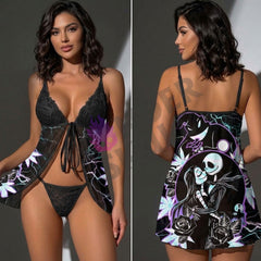 Wonder Skull Electric Love Gothic Lace Nightgown Babydoll Sleepwear Set blends delicate lace with bold neon lightning accents for an edgy, seductive look. Featuring a romantic back design with rose and leaf details, a flirty tie-front closure, and a matching lace thong, it’s perfect for making a daring statement.