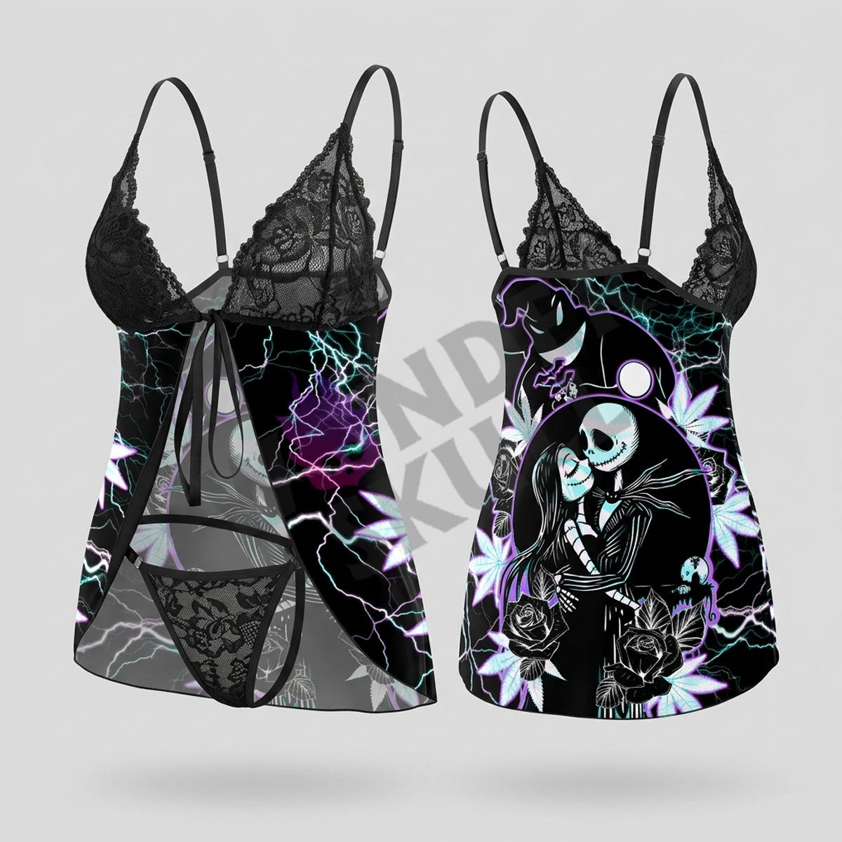 Wonder Skull Electric Love Gothic Lace Nightgown Babydoll Sleepwear Set blends delicate lace with bold neon lightning accents for an edgy, seductive look. Featuring a romantic back design with rose and leaf details, a flirty tie-front closure, and a matching lace thong, it’s perfect for making a daring statement.
