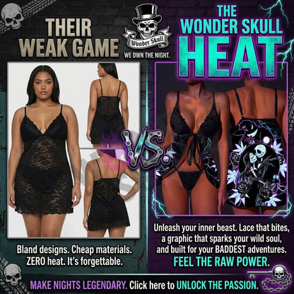 Wonder Skull Electric Love Gothic Lace Nightgown Babydoll Sleepwear Set blends delicate lace with bold neon lightning accents for an edgy, seductive look. Featuring a romantic back design with rose and leaf details, a flirty tie-front closure, and a matching lace thong, it’s perfect for making a daring statement.
