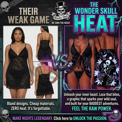 Wonder Skull Electric Love Gothic Lace Nightgown Babydoll Sleepwear Set blends delicate lace with bold neon lightning accents for an edgy, seductive look. Featuring a romantic back design with rose and leaf details, a flirty tie-front closure, and a matching lace thong, it’s perfect for making a daring statement.
