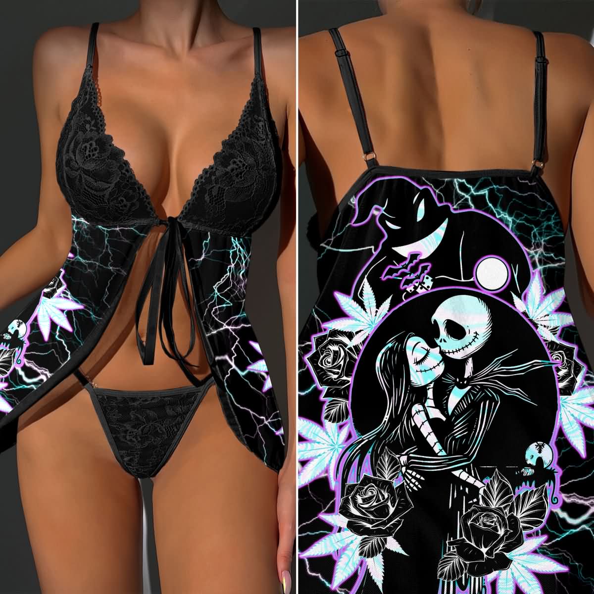 Wonder Skull Electric Love Gothic Lace Nightgown Babydoll Sleepwear Set blends delicate lace with bold neon lightning accents for an edgy, seductive look. Featuring a romantic back design with rose and leaf details, a flirty tie-front closure, and a matching lace thong, it’s perfect for making a daring statement.
