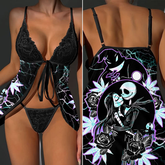 Wonder Skull Electric Love Gothic Lace Nightgown Babydoll Sleepwear Set blends delicate lace with bold neon lightning accents for an edgy, seductive look. Featuring a romantic back design with rose and leaf details, a flirty tie-front closure, and a matching lace thong, it’s perfect for making a daring statement.