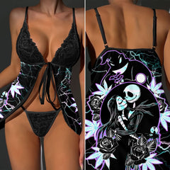 Wonder Skull Electric Love Gothic Lace Nightgown Babydoll Sleepwear Set blends delicate lace with bold neon lightning accents for an edgy, seductive look. Featuring a romantic back design with rose and leaf details, a flirty tie-front closure, and a matching lace thong, it’s perfect for making a daring statement.