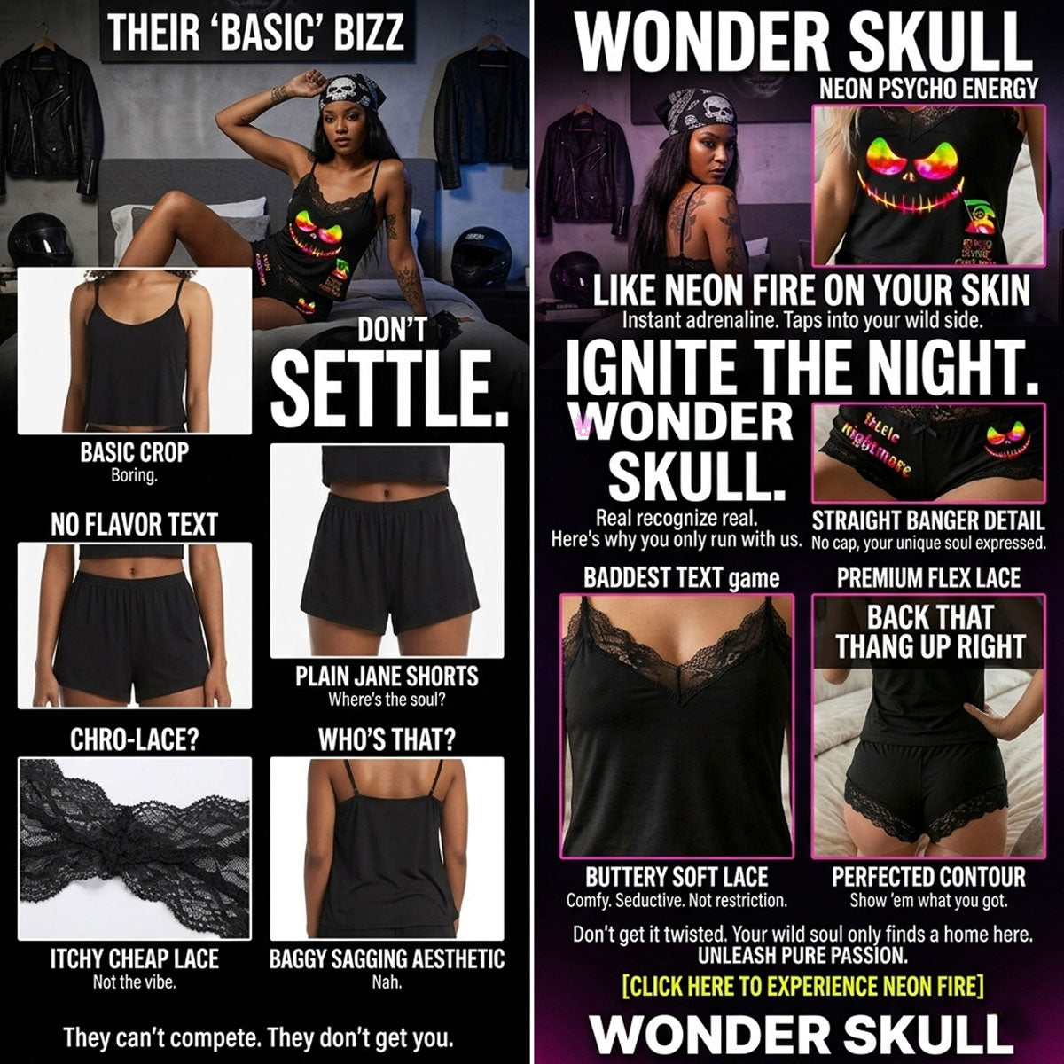 Transform your nighttime routine with the Wonder Skull glow-in-the-dark sleepwear set. The vibrant rainbow skull graphics absorb light by day and glow when darkness falls. Made from a buttery-soft, breathable fabric, this set keeps you cool all night. The delicate, dotted lace trim adds a feminine touch without being scratchy, while adjustable spaghetti straps ensure a perfect fit. This three-piece set includes a matching cami, shorts, and thong, letting you express your bold personality in comfort.