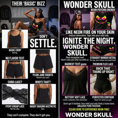 Transform your nighttime routine with the Wonder Skull glow-in-the-dark sleepwear set. The vibrant rainbow skull graphics absorb light by day and glow when darkness falls. Made from a buttery-soft, breathable fabric, this set keeps you cool all night. The delicate, dotted lace trim adds a feminine touch without being scratchy, while adjustable spaghetti straps ensure a perfect fit. This three-piece set includes a matching cami, shorts, and thong, letting you express your bold personality in comfort.