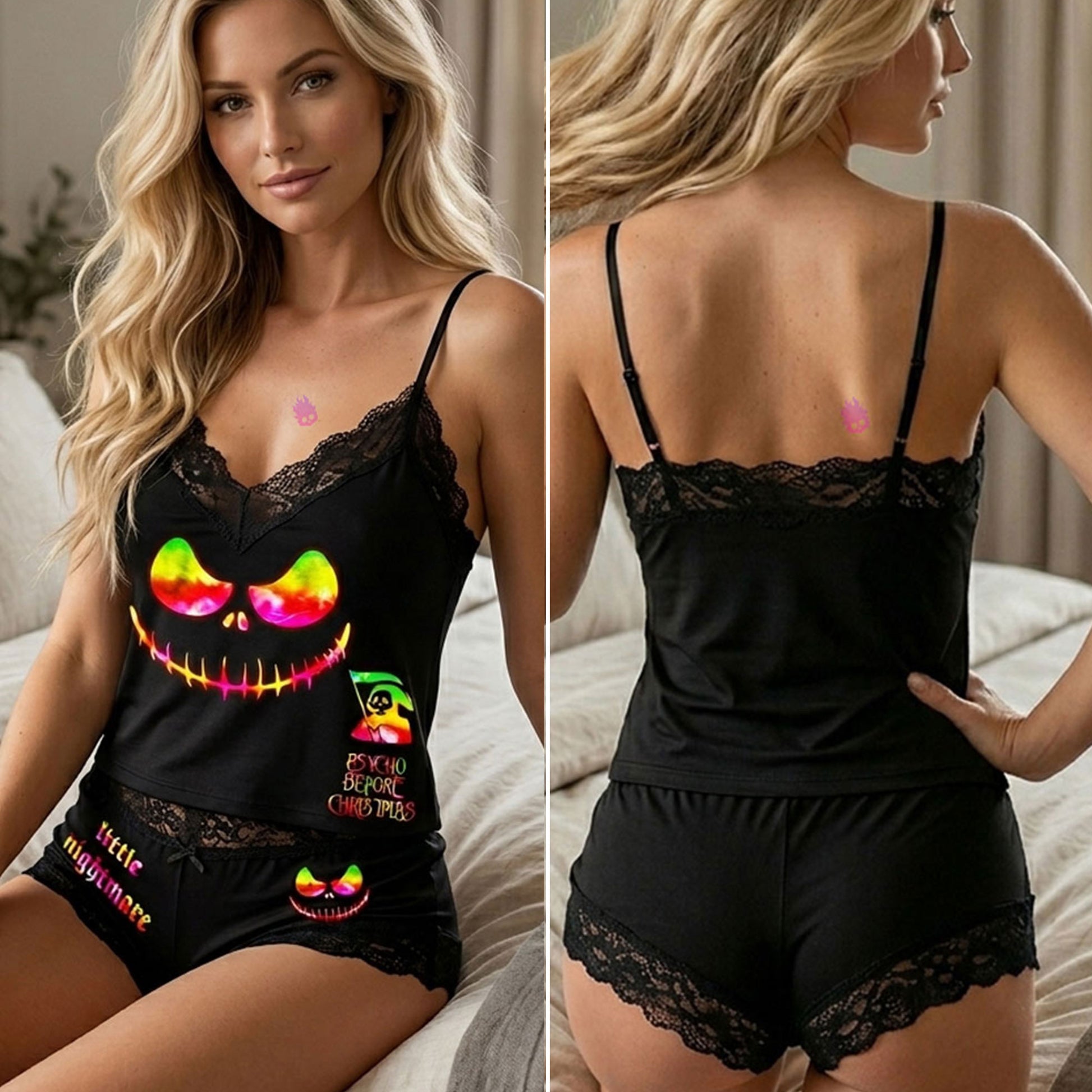 Transform your nighttime routine with the Wonder Skull glow-in-the-dark sleepwear set. The vibrant rainbow skull graphics absorb light by day and glow when darkness falls. Made from a buttery-soft, breathable fabric, this set keeps you cool all night. The delicate, dotted lace trim adds a feminine touch without being scratchy, while adjustable spaghetti straps ensure a perfect fit. This three-piece set includes a matching cami, shorts, and thong, letting you express your bold personality in comfort.