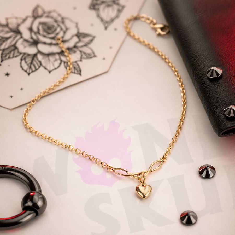 Wonder Skull Gold Heart Charm Day Collar Stainless Steel Sub Necklace. A quiet promise for everyday wear. A dainty gold-tone chain connects a Celtic-style twist to a puffed heart charm—a discreet symbol only the two of you understand. Built for 24/7 wear, it's waterproof, tarnish-free, and hypoallergenic. Available in 16" or 18", it looks like everyday jewelry but means too much to ever take off. Devotion you wear. Strength you keep.