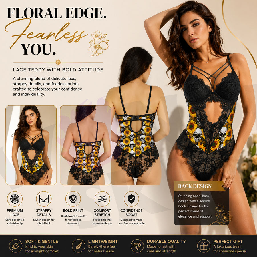 Wonder Skull Gothic Skull Sunflowers Lingerie Bodysuit blends gothic edge with cheerful energy. Padded underwire lace cups offer support, while breathable floral lace panels keep you cool. The strappy cage neckline adds eye-catching detail that works alone or under your favorite tops. Adjustable straps and a back closure ensure a perfect fit. Bold skull artwork paired with vibrant yellow sunflowers creates a striking contrast that reflects your fearless personality.