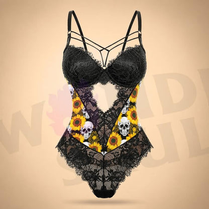 Wonder Skull Gothic Skull Sunflowers Lingerie Bodysuit blends gothic edge with cheerful energy. Padded underwire lace cups offer support, while breathable floral lace panels keep you cool. The strappy cage neckline adds eye-catching detail that works alone or under your favorite tops. Adjustable straps and a back closure ensure a perfect fit. Bold skull artwork paired with vibrant yellow sunflowers creates a striking contrast that reflects your fearless personality.