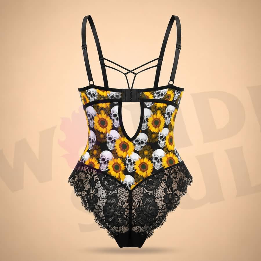 Wonder Skull Gothic Skull Sunflowers Lingerie Bodysuit blends gothic edge with cheerful energy. Padded underwire lace cups offer support, while breathable floral lace panels keep you cool. The strappy cage neckline adds eye-catching detail that works alone or under your favorite tops. Adjustable straps and a back closure ensure a perfect fit. Bold skull artwork paired with vibrant yellow sunflowers creates a striking contrast that reflects your fearless personality.