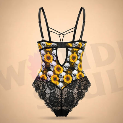 Wonder Skull Gothic Skull Sunflowers Lingerie Bodysuit blends gothic edge with cheerful energy. Padded underwire lace cups offer support, while breathable floral lace panels keep you cool. The strappy cage neckline adds eye-catching detail that works alone or under your favorite tops. Adjustable straps and a back closure ensure a perfect fit. Bold skull artwork paired with vibrant yellow sunflowers creates a striking contrast that reflects your fearless personality.
