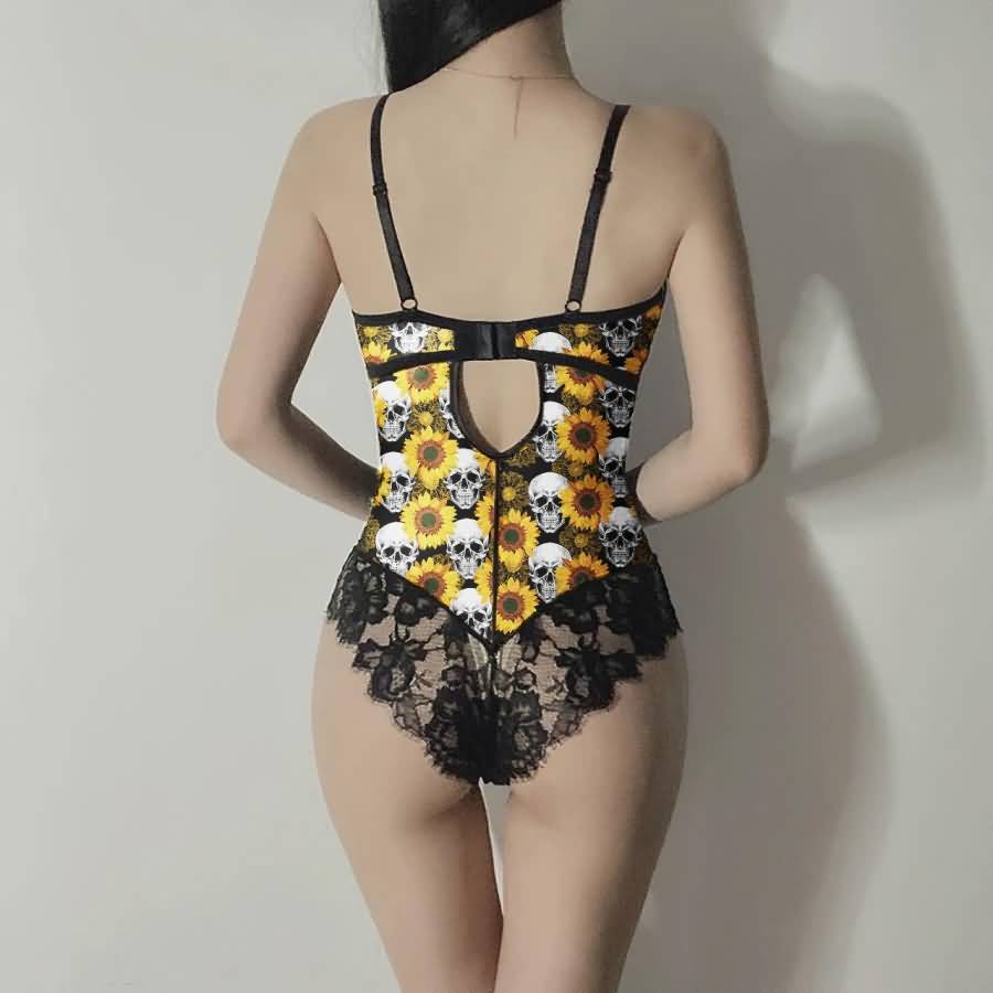 Wonder Skull Gothic Skull Sunflowers Lingerie Bodysuit blends gothic edge with cheerful energy. Padded underwire lace cups offer support, while breathable floral lace panels keep you cool. The strappy cage neckline adds eye-catching detail that works alone or under your favorite tops. Adjustable straps and a back closure ensure a perfect fit. Bold skull artwork paired with vibrant yellow sunflowers creates a striking contrast that reflects your fearless personality.