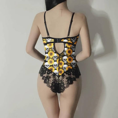 Wonder Skull Gothic Skull Sunflowers Lingerie Bodysuit blends gothic edge with cheerful energy. Padded underwire lace cups offer support, while breathable floral lace panels keep you cool. The strappy cage neckline adds eye-catching detail that works alone or under your favorite tops. Adjustable straps and a back closure ensure a perfect fit. Bold skull artwork paired with vibrant yellow sunflowers creates a striking contrast that reflects your fearless personality.
