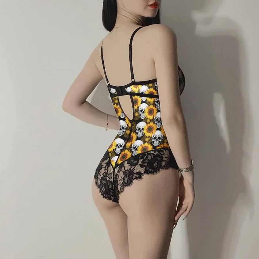 Wonder Skull Gothic Skull Sunflowers Lingerie Bodysuit blends gothic edge with cheerful energy. Padded underwire lace cups offer support, while breathable floral lace panels keep you cool. The strappy cage neckline adds eye-catching detail that works alone or under your favorite tops. Adjustable straps and a back closure ensure a perfect fit. Bold skull artwork paired with vibrant yellow sunflowers creates a striking contrast that reflects your fearless personality.